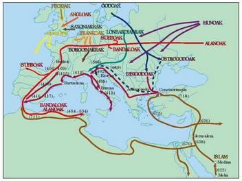 Beranduko Antzin Aroko herrien mugimendu nagusiak (V-VIII. m.).<br><br>
